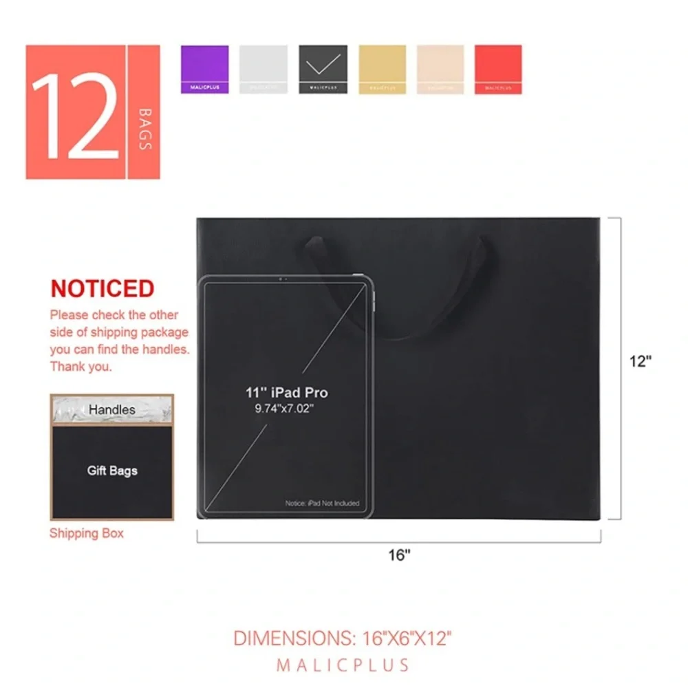 MALICPLUS 12 Extra Large‎ Gift Bags 16x6x12 Inches, Luxury Matte Black Gift Bags